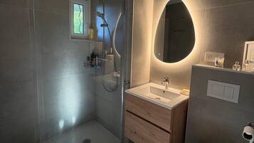 Een moderne badkamer met een inloopdouche, een wastafel met spiegel en een toilet.