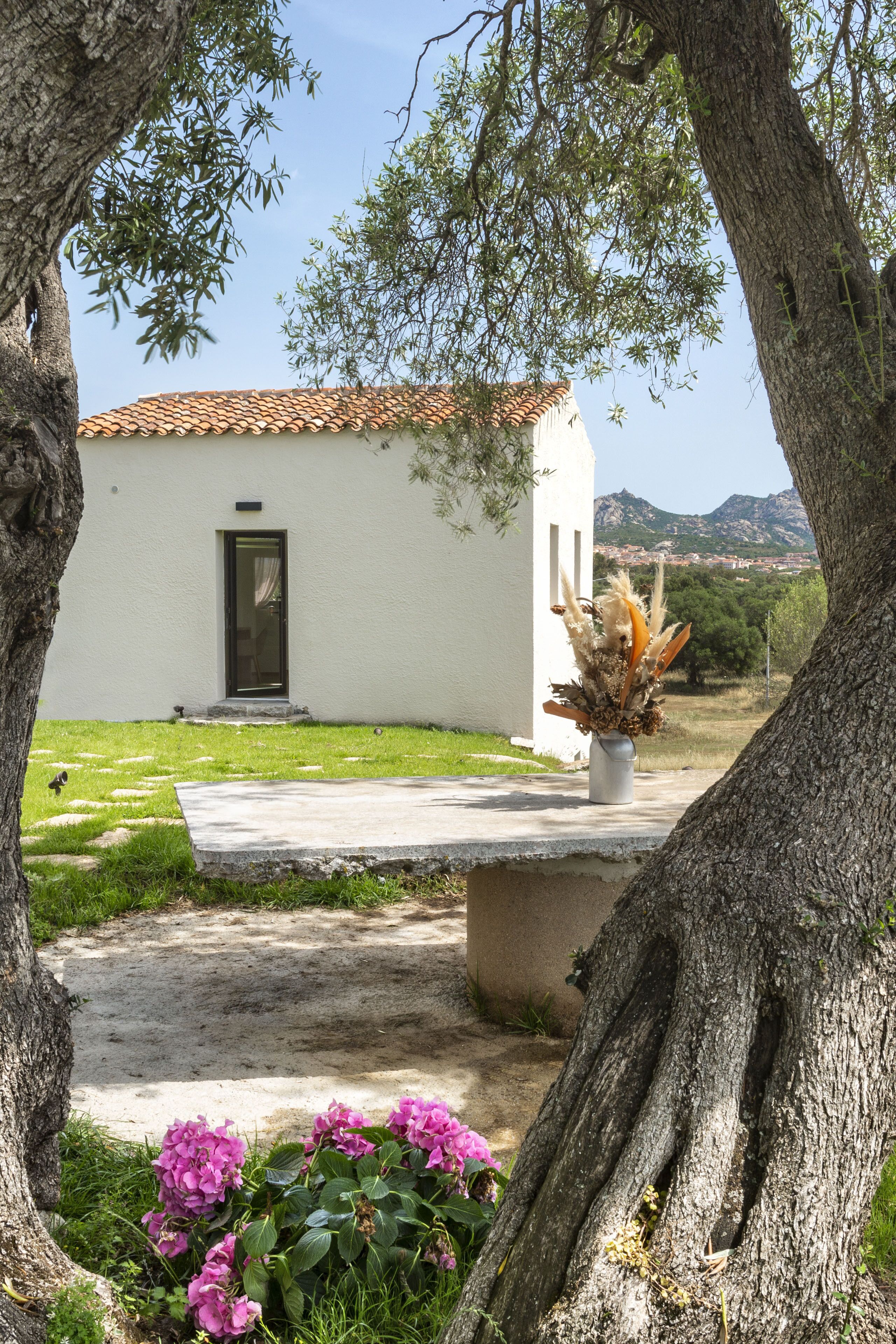 A white building with a tiled roof, a door, and a small porch with a vase of dried plants.