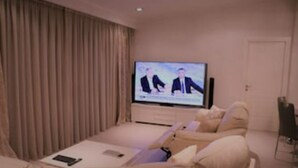 A modern hotel room with a large flat-screen TV on a stand, a sofa, and a coffee table. - Villa *K*  SeaView and Pool. (VLYCHA)