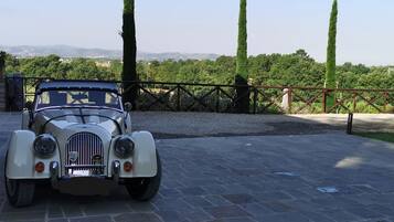 Un coche antiguo estacionado en una entrada con vistas a un viñedo y colinas al fondo.