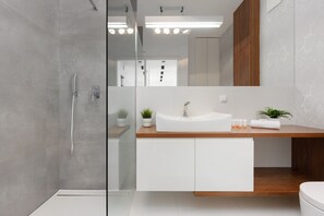 Douche, séchoir à cheveux, serviettes fournies