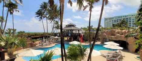 A heated pool, pool umbrellas