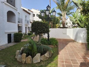Un patio con edificios blancos, un camino empedrado y plantas tropicales.