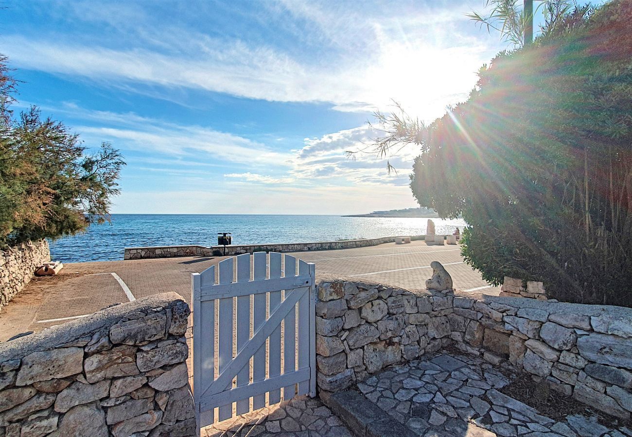 A coastal view with a stone wall and a wooden gate leading to a paved area.