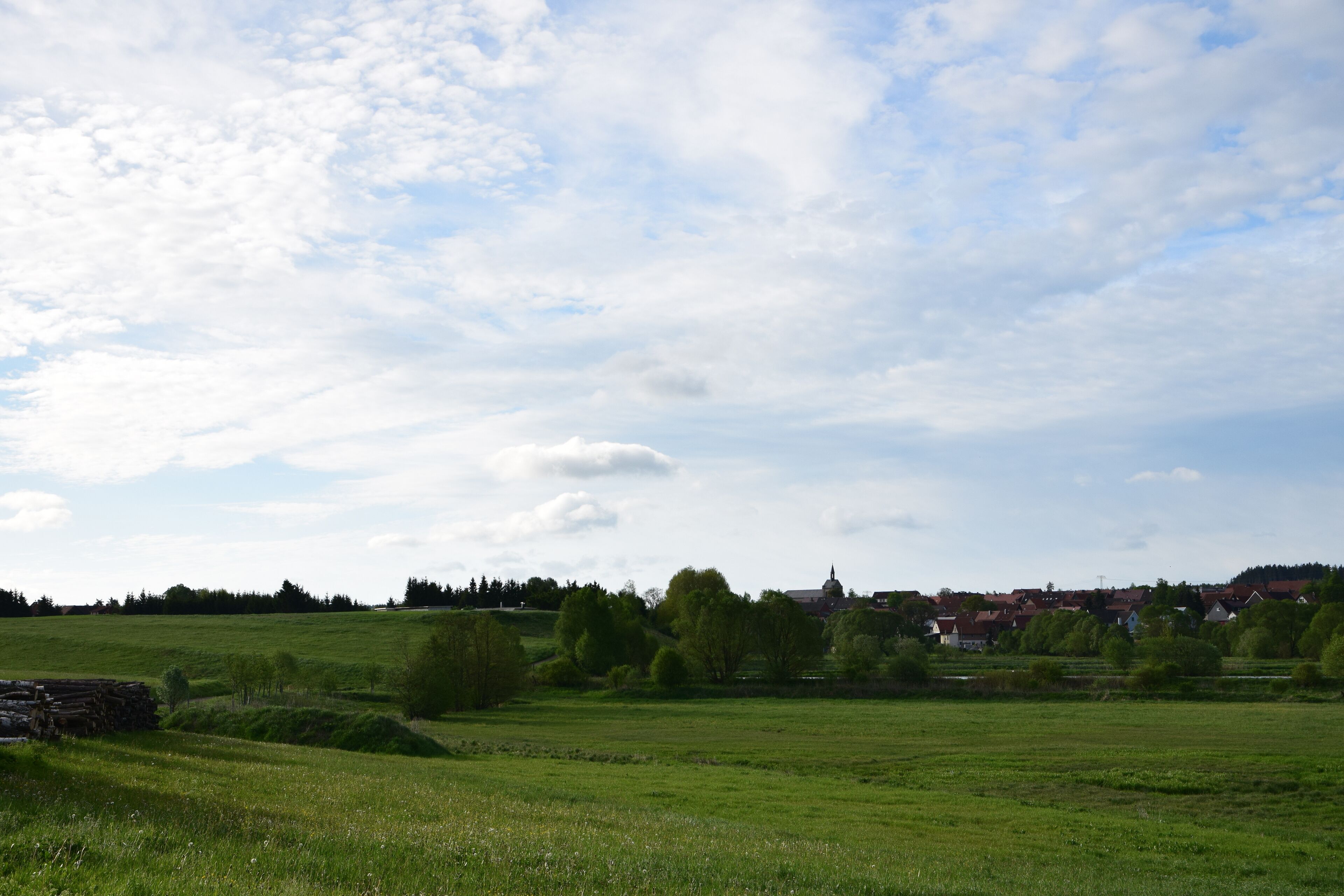 A rural landscape with a church, open fields, and scattered trees.