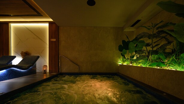 Un'area benessere con una vasca idromassaggio, due poltrone relax e un pannello decorativo con piante.