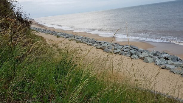Ein Strand mit felsigem Ufer und grüner Vegetation.