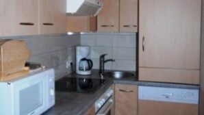 A compact kitchen with wooden cabinets, a microwave, a coffee maker, and a dishwasher. - Truckshutte Holiday Home (Mayrhofen)