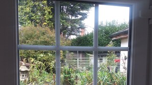 Une fenêtre donnant sur un jardin où l’on peut admirer différentes plantes et un petit étang.