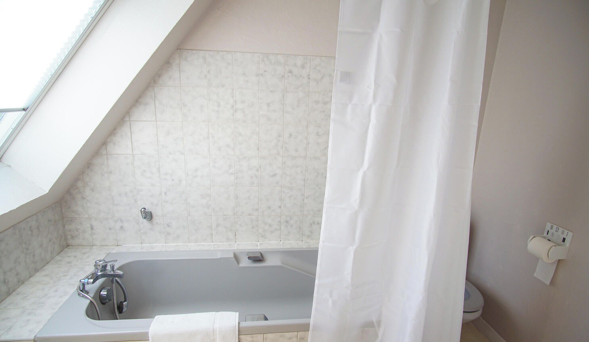 Un bagno con una vasca, una doccia e un WC. Sopra la vasca è presente un lucernario e sulla parete si vede un porta carta igienica.