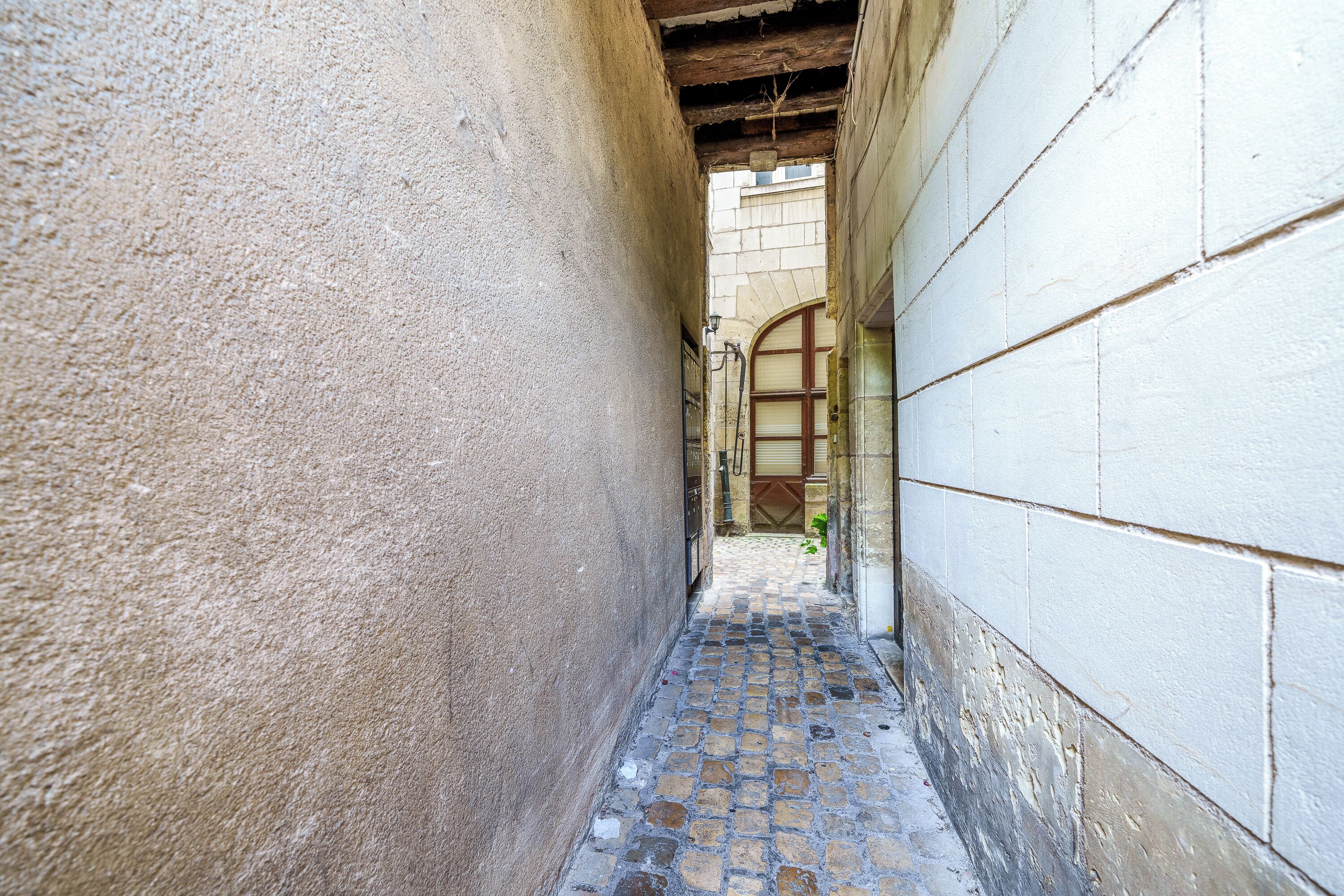 A narrow alleyway with cobblestone flooring, flanked by walls with a rough texture and a wooden door at the end.