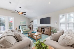 TV, fireplace, books, offices