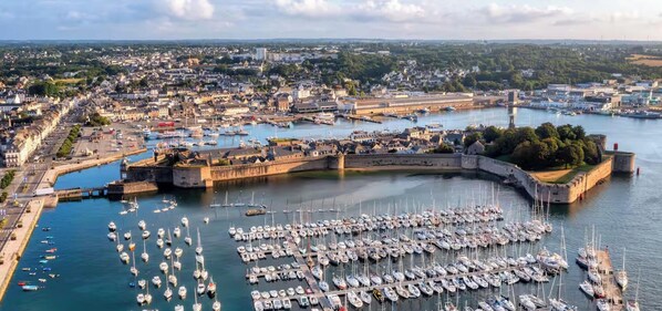 A harbor with numerous boats docked, a fortified structure, and a cityscape in the background. - -LITTO- CONCARNEAU AVEC TERRASSE PROCHE COMMERCES (Concarneau)