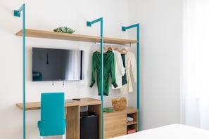 Individually furnished, desk, laptop workspace, blackout curtains