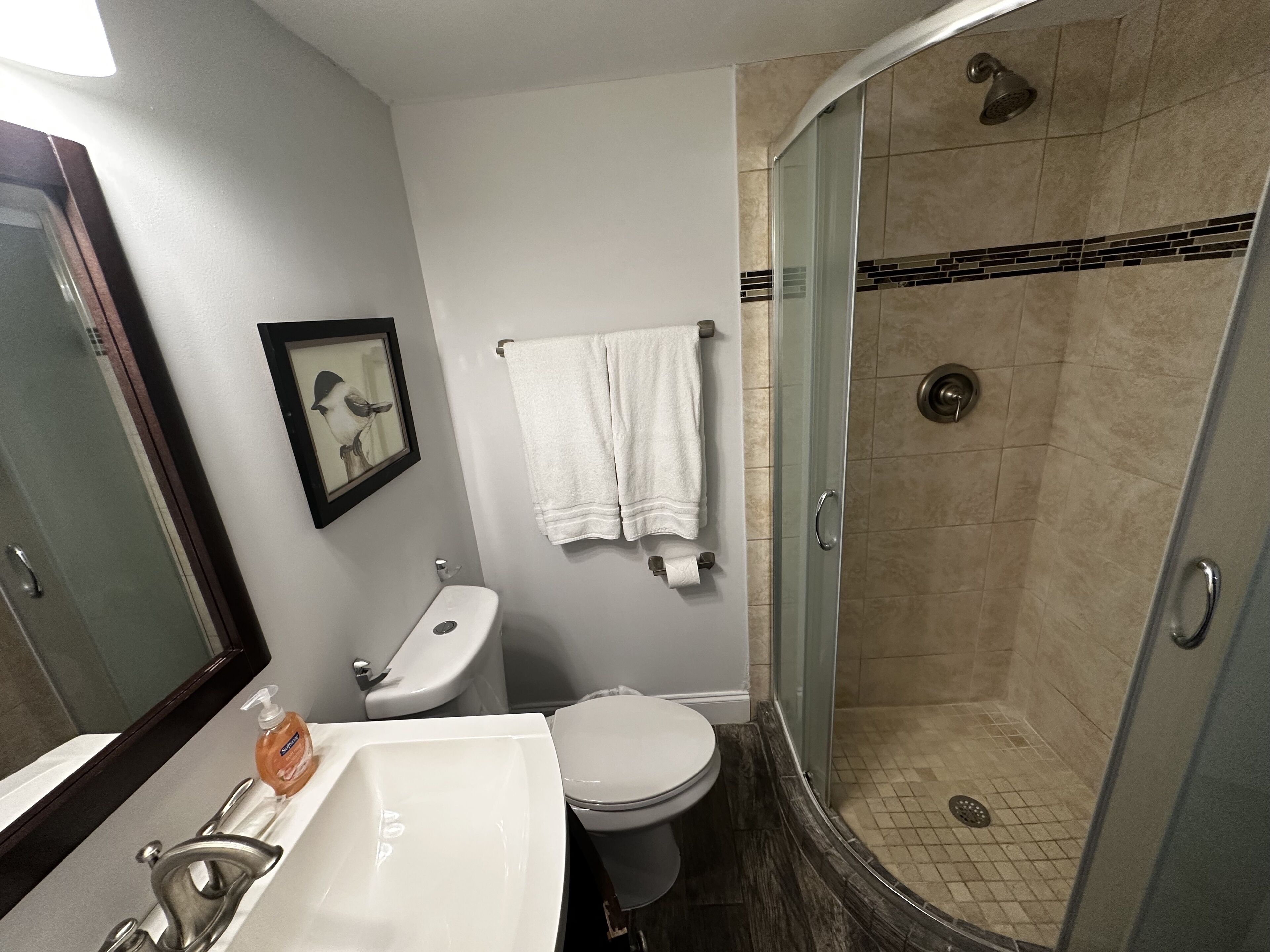 A bathroom with a sink, toilet, and shower.