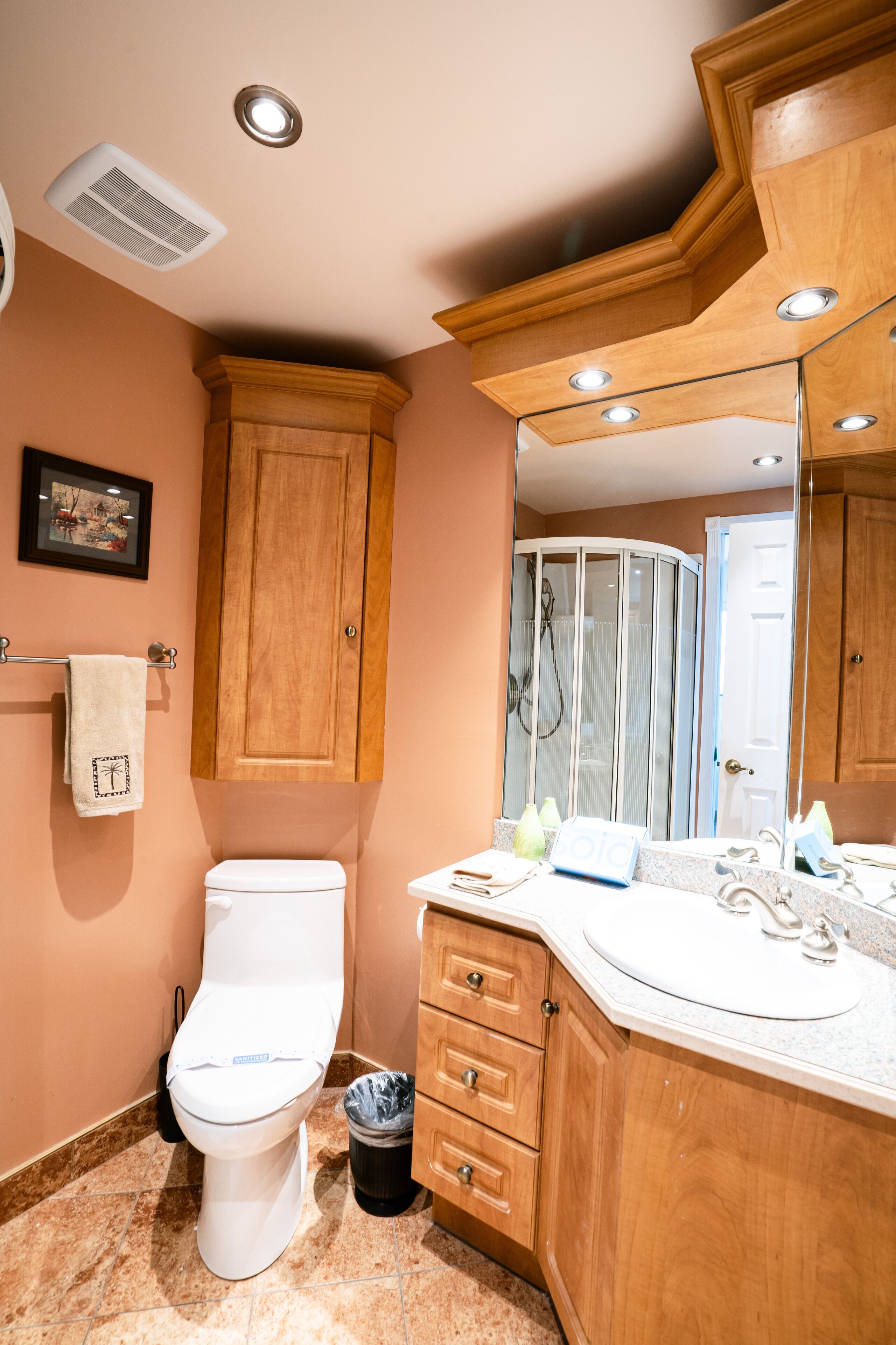 A bathroom with a toilet, vanity, sink, and shower.