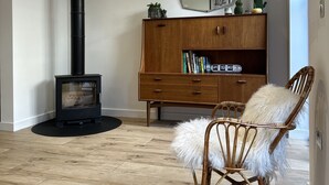 Un salon avec un poêle à bois, une bibliothèque en bois et un fauteuil en osier.
