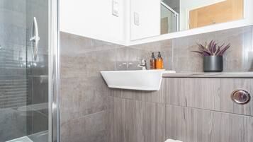 Shower, hair dryer, towels