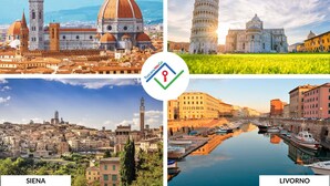 A collage of four Italian cities: Florence, Pisa, Siena, and Livorno. - Mezzanine 26 by TuscanyWeGo (Lucca)
