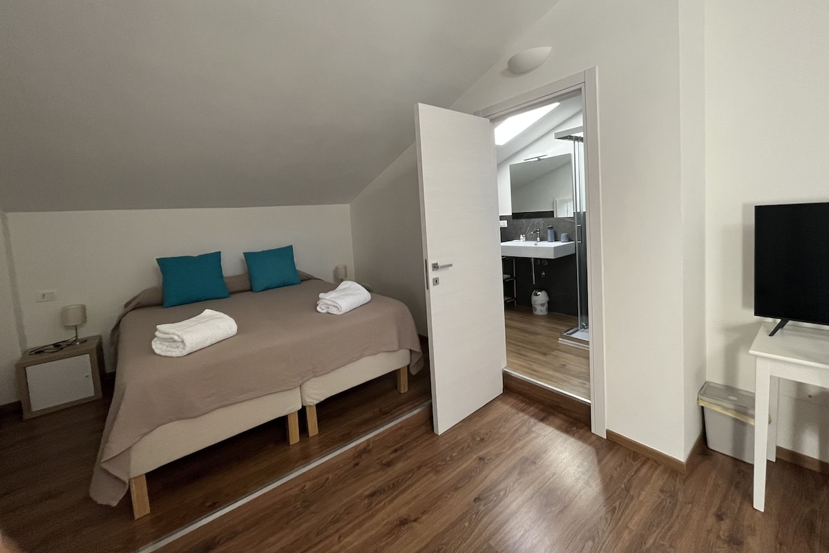 Une chambre à coucher avec un lit, une télévision, une salle de bain visible à travers une porte ouverte et un plancher en bois.