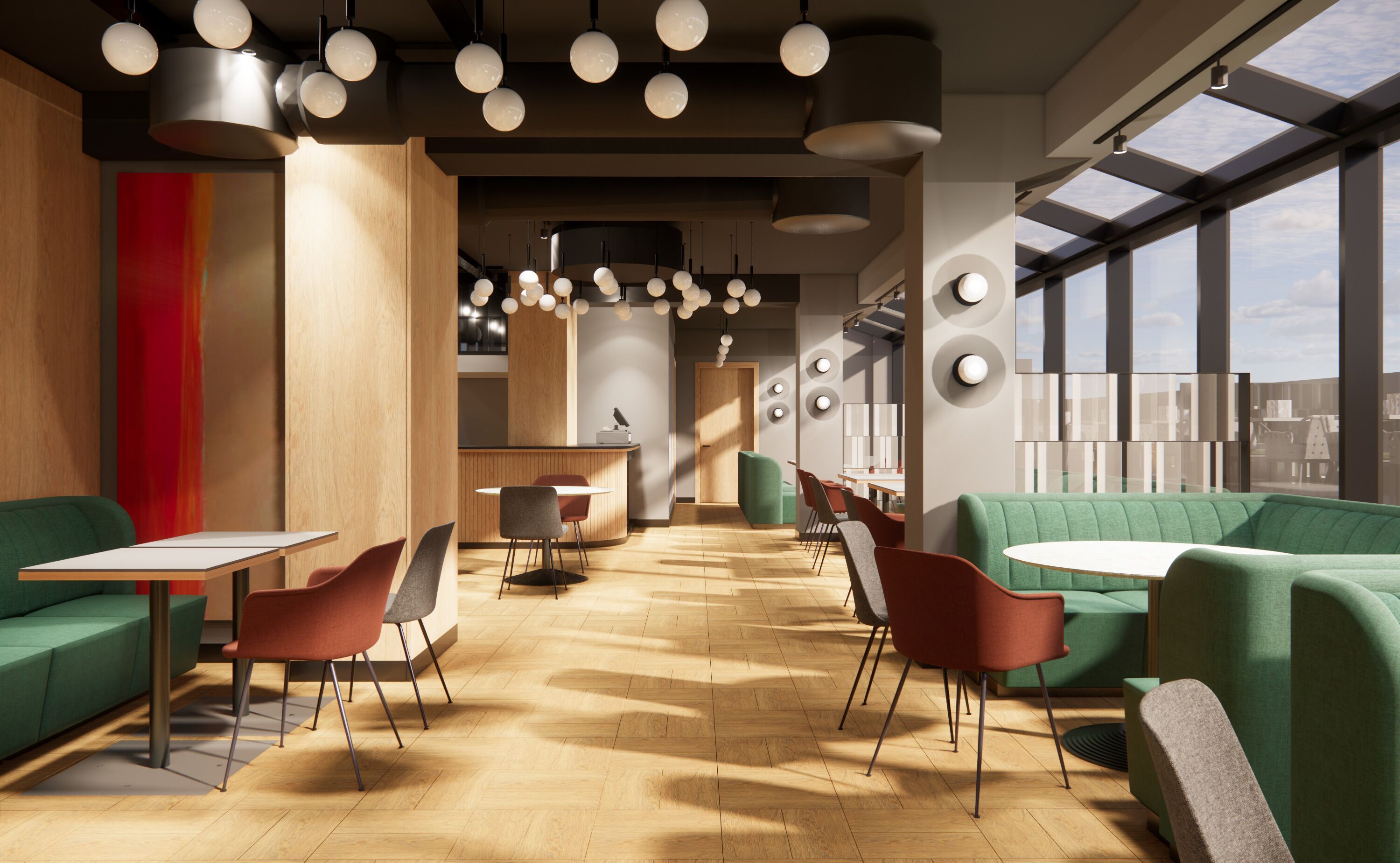 A modern interior with wooden flooring, green sofas, and tables. There are multiple hanging spherical lights and a large window with a city view.