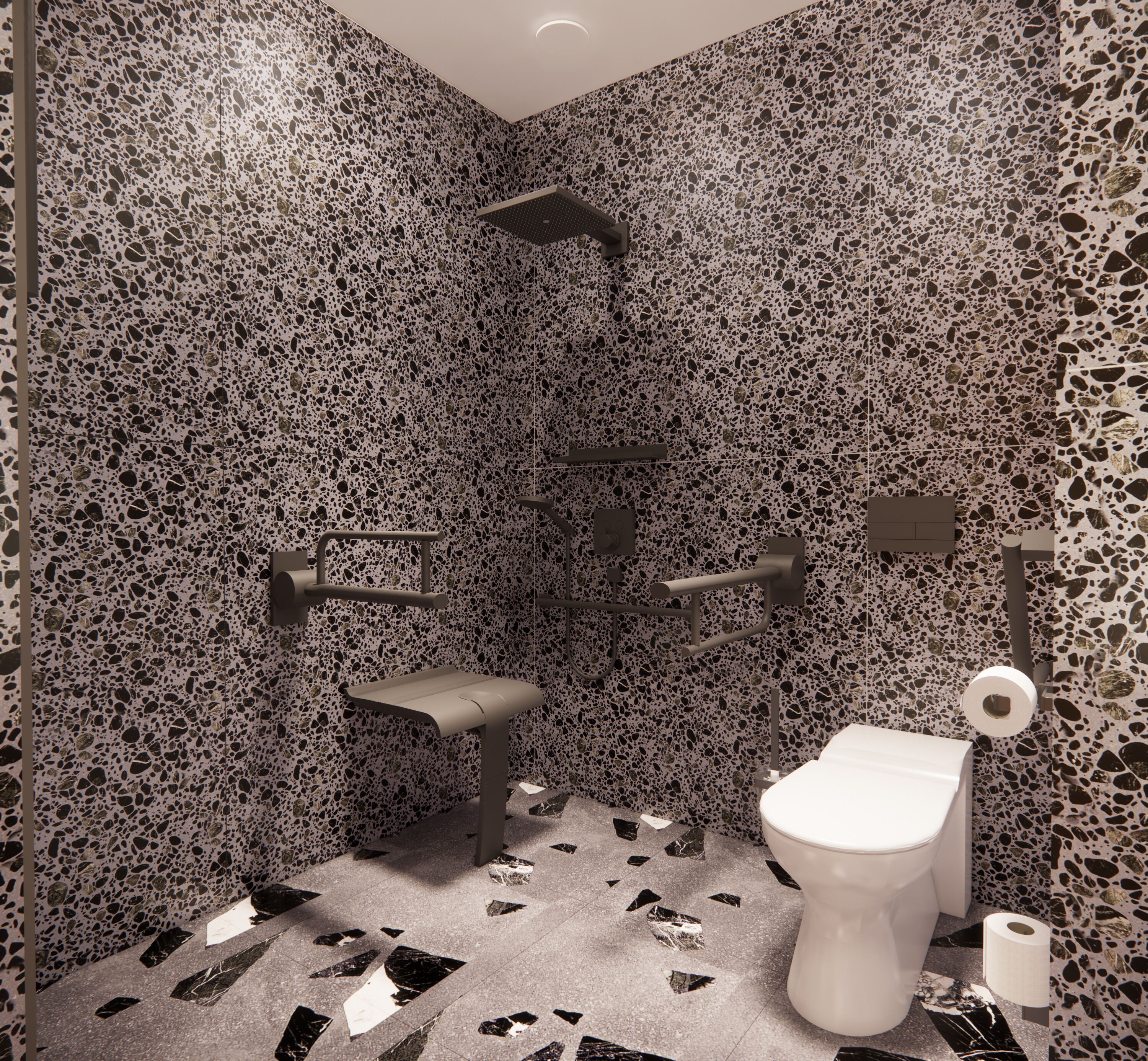 Un baño con diseño moderno, que incluye ducha, inodoro y lavamanos.
