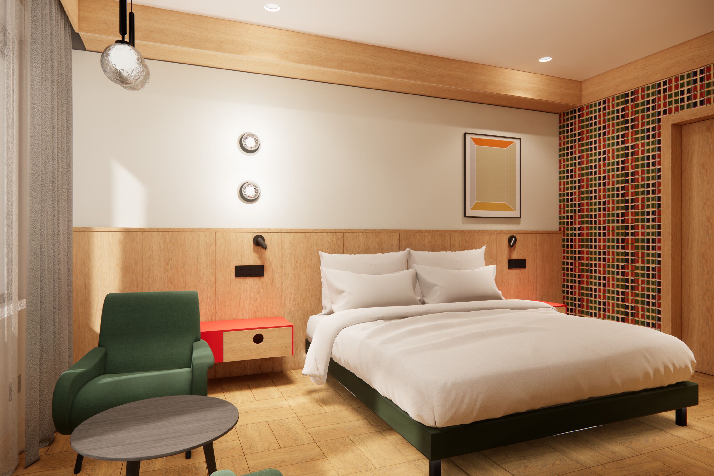 Ein modernes Hotelzimmer mit einem hölzernen Kopfteil, einem grünen Sessel, einem kleinen Tisch und einem Bett mit weißer Bettwäsche.