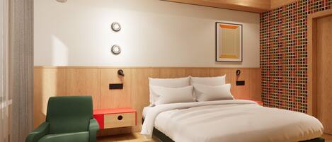 Ein modernes Hotelzimmer mit einem hölzernen Kopfteil, einem grünen Sessel, einem kleinen Tisch und einem Bett mit weißer Bettwäsche.