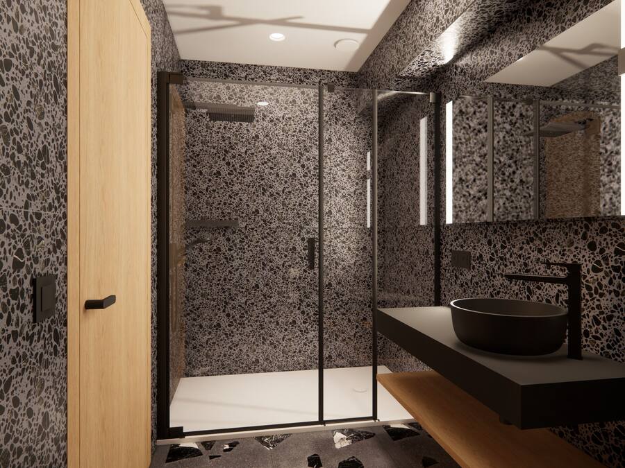 A modern bathroom with a freestanding bathtub, a large mirror, and a shower with a glass door.