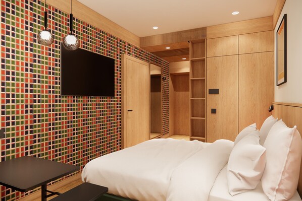 A modern bedroom with a large bed, a TV mounted on the wall, and a wooden wardrobe.