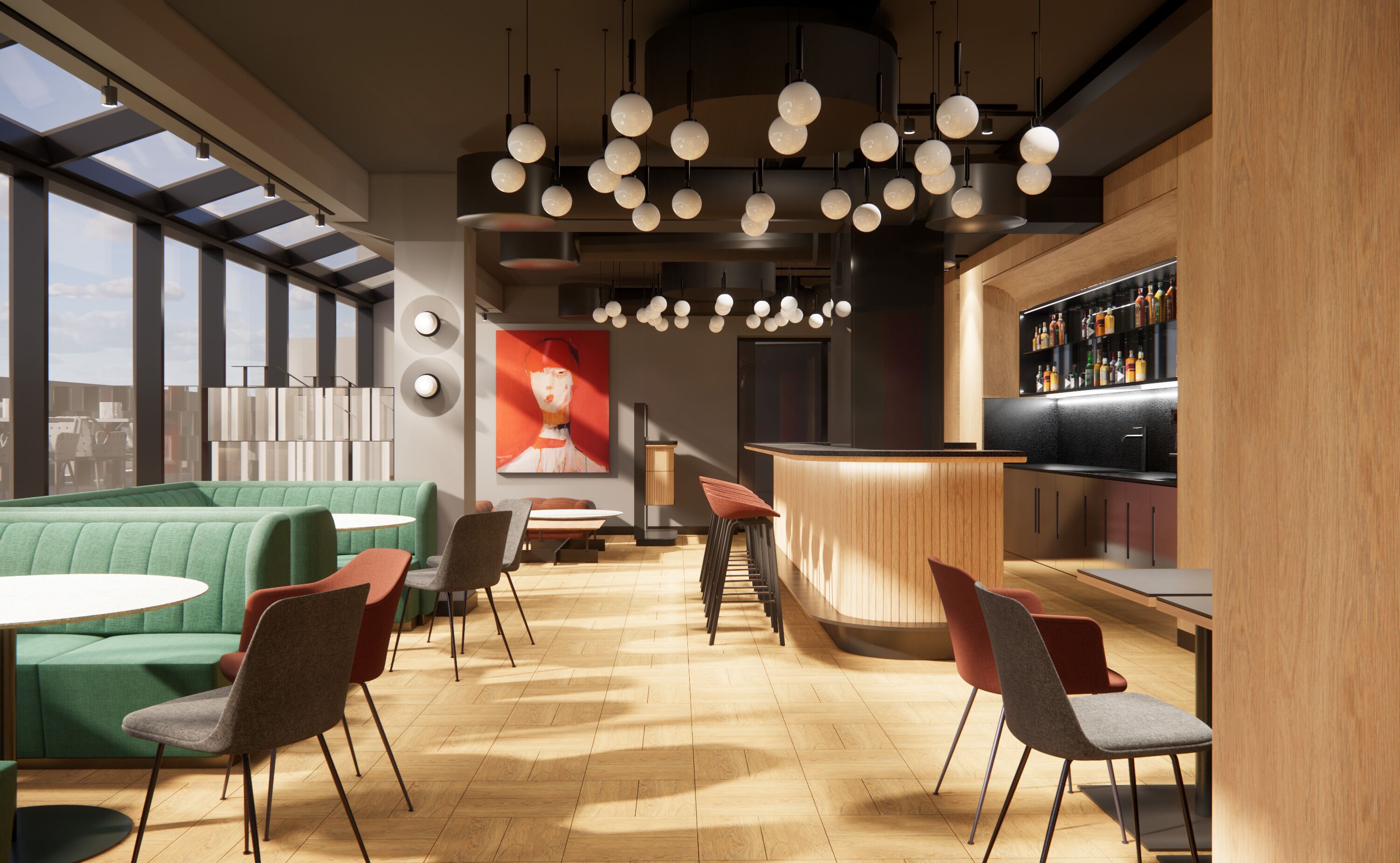 Un intérieur moderne avec un canapé vert, un plancher en bois et un coin bar.