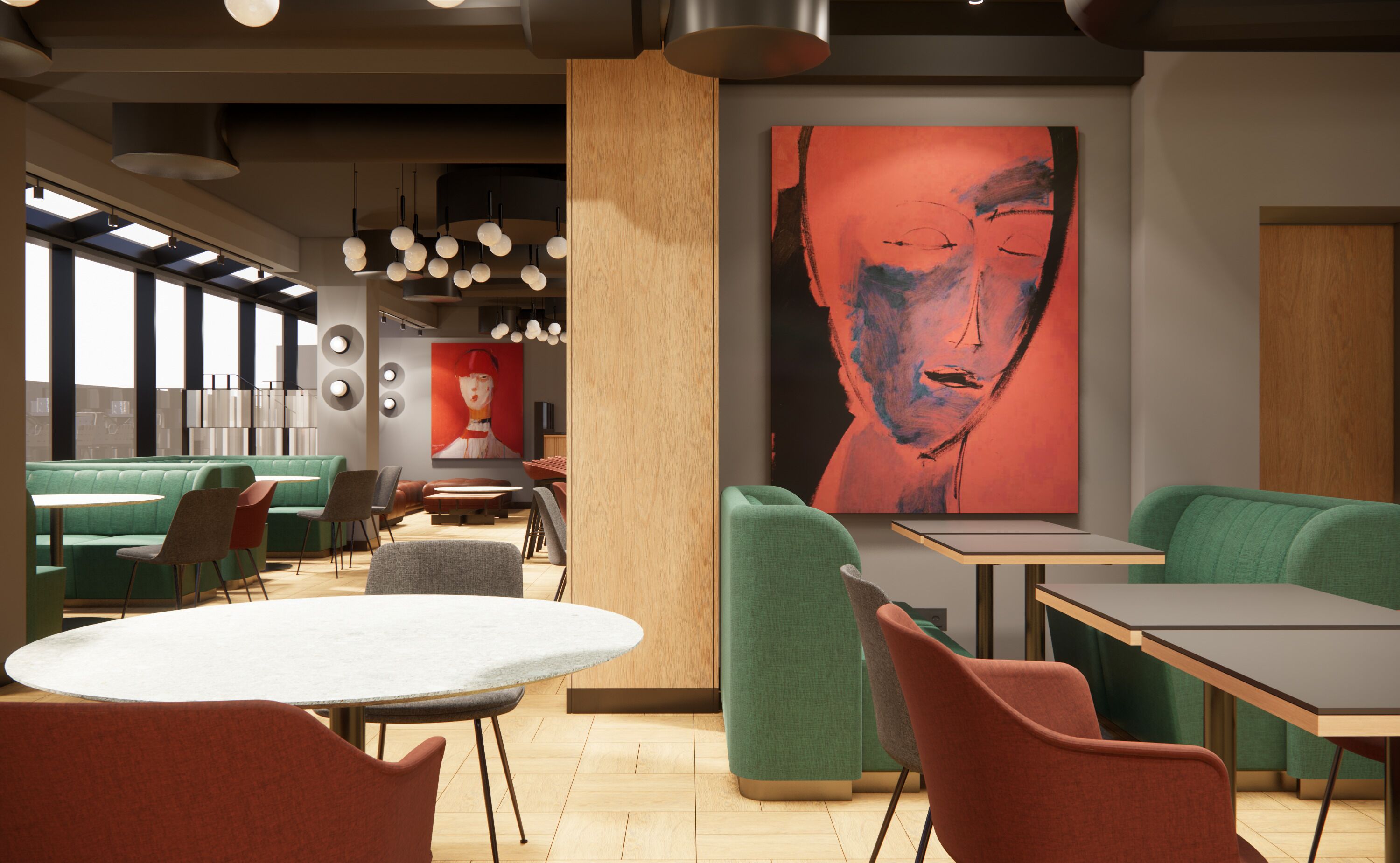 A modern restaurant interior with green seating, a large abstract painting, and pendant lighting.