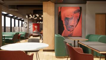 A modern restaurant interior with green seating, a large abstract painting, and pendant lighting.
