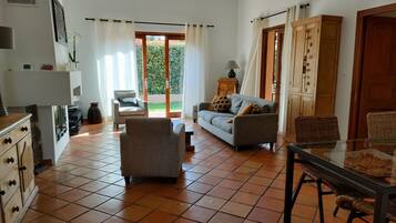 Télévision, cheminée, lecteur de DVD, livres