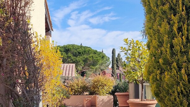 A stone pathway leading through a garden with various potted plants and a view of a hill in the distance. - Bienvenue Dans Notre Villa Provençale (Fréjus)