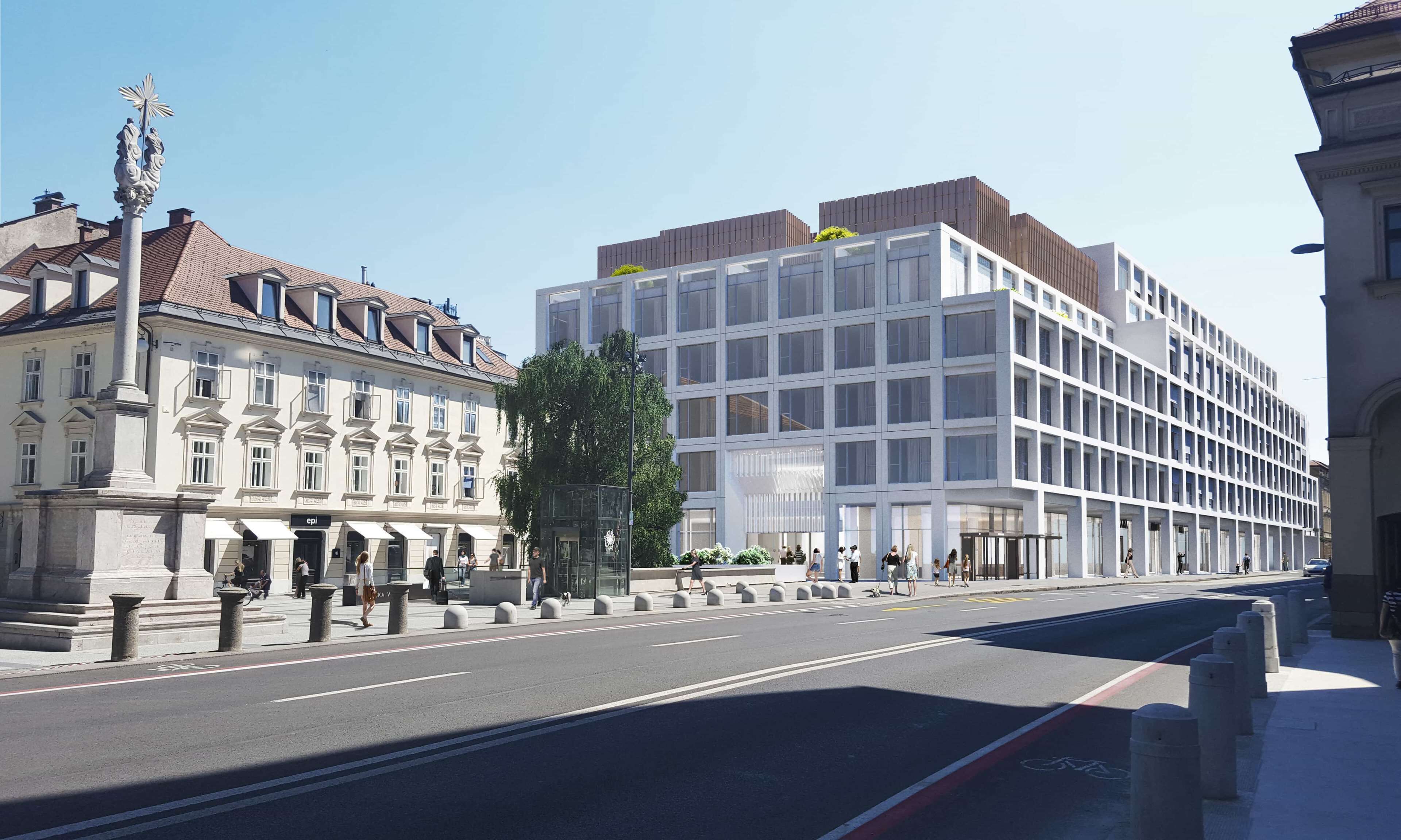 A modern building with a grid-like facade and large windows, adjacent to a historic building with classic architecture.