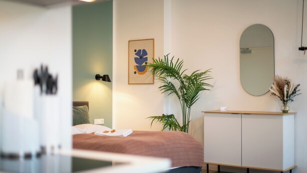 Una habitación de hotel moderna con una cama, mesita de noche, espejo y una planta en maceta.