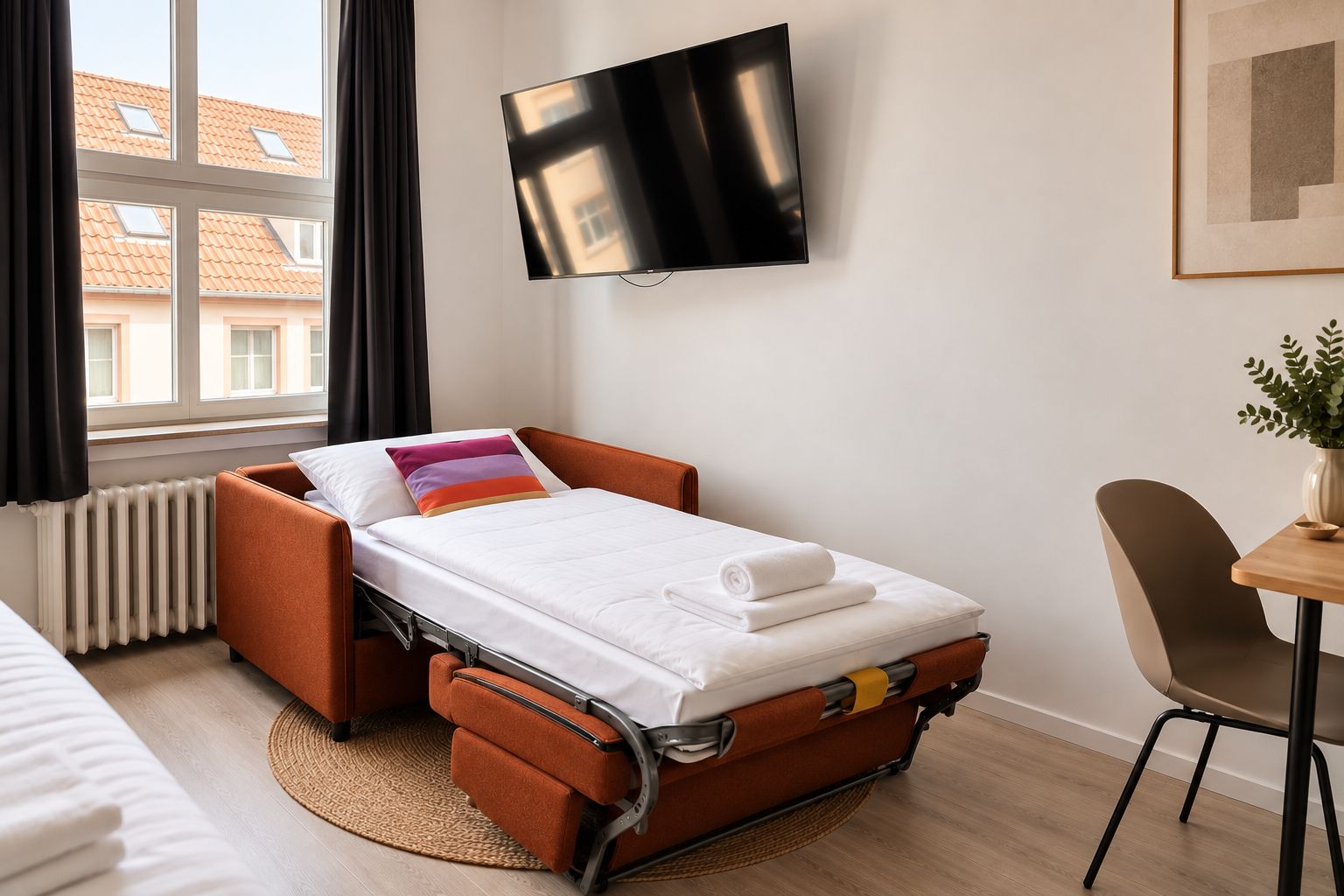 Ein kleines Hotelzimmer mit einem Einzelbett, einem an der Wand montierten Fernseher, einem Tisch mit einer Pflanze und Blick auf Gebäude durch das Fenster.