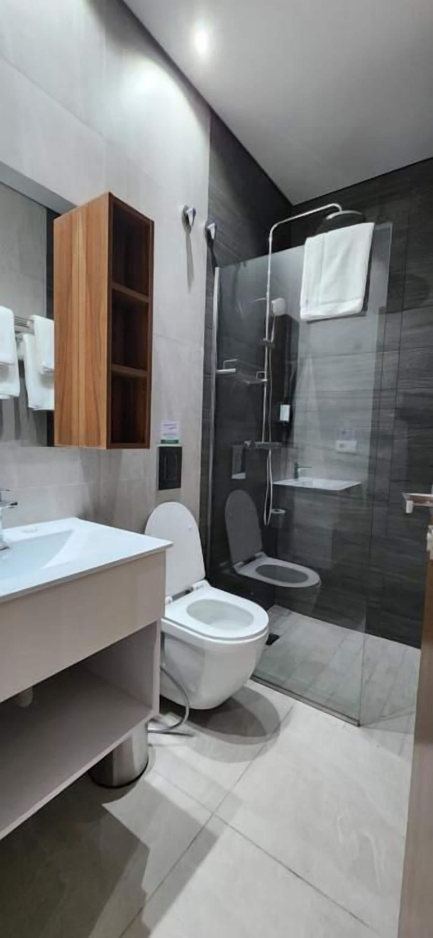 deluxe room | bathroom | shower, free toiletries, hair dryer, towels