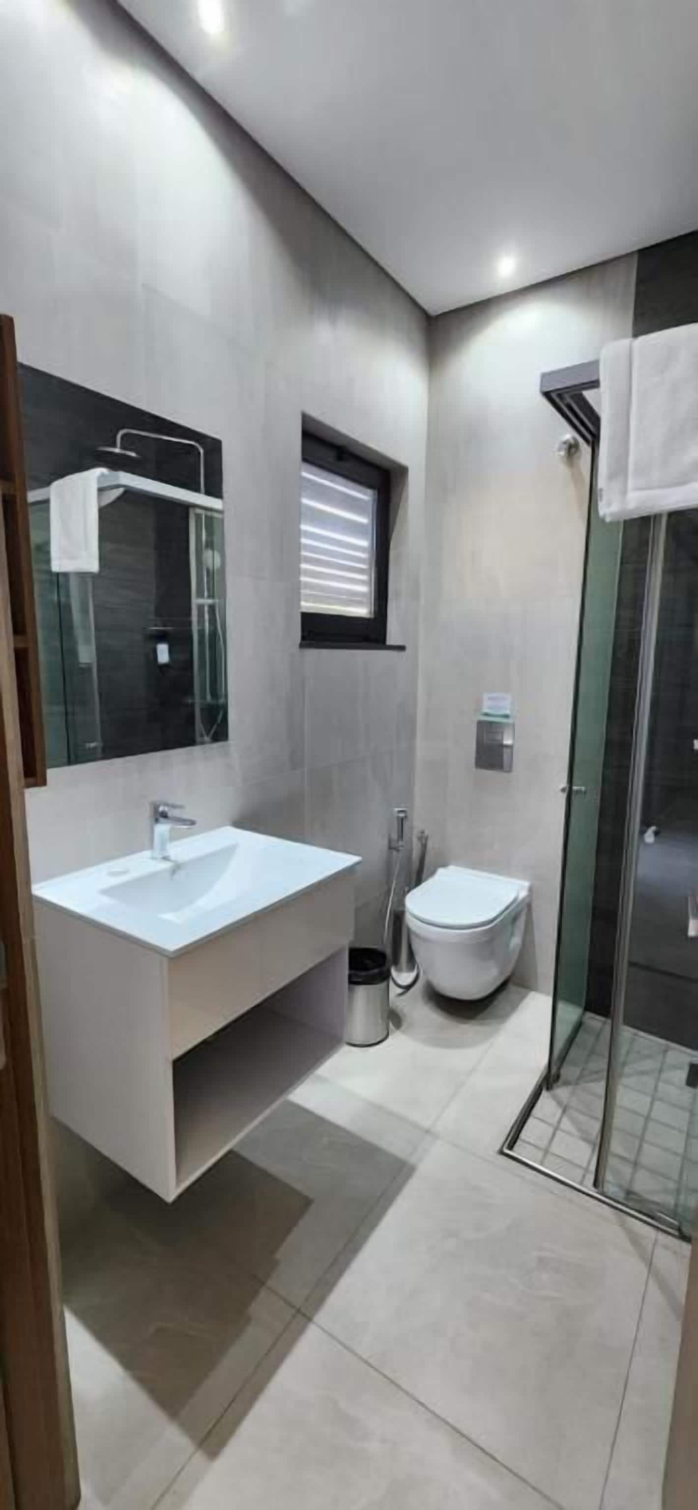 deluxe room | bathroom | shower, free toiletries, hair dryer, towels