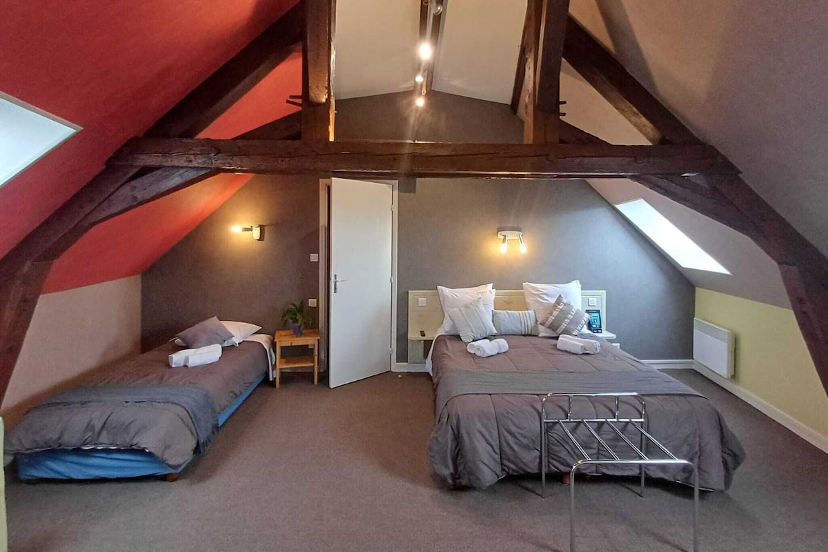 A loft-style bedroom with two beds, wooden beams, and skylights.