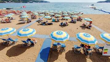 On the beach, beach shuttle, sun-loungers, beach umbrellas