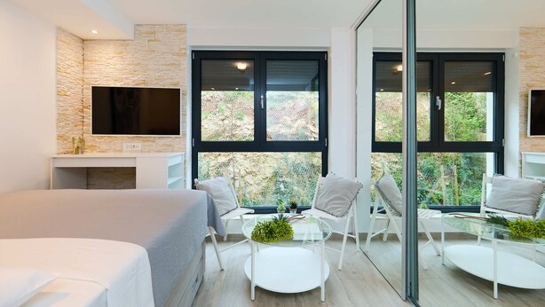 A modern living room with a fireplace, large windows, and a flat-screen TV. - Hedera Estate, Hedera Studio 4 (Dubrovnik)