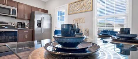 Fridge, microwave, dishwasher, coffee/tea maker