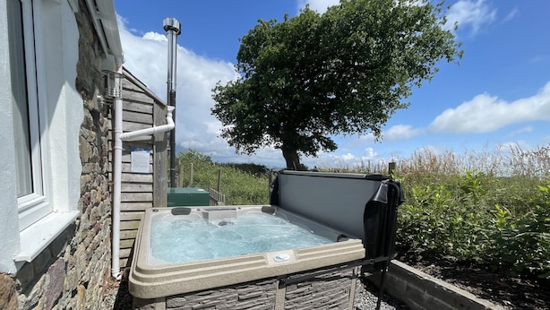 A hot tub with stone walls, a wooden ladder, and a tree in the background. - Dairy Cottage (Whitland)