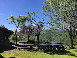 A picnic area with benches and a stone building in a forested setting.
