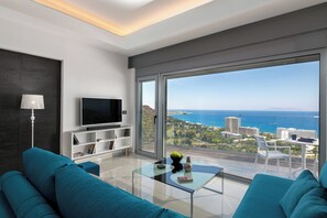 Apartment, 1 Bedroom, Smoking, Balcony | Living room | Books - Rhodes Skyline Suite With out Door Jacuzzi Sea View (Rhodes)
