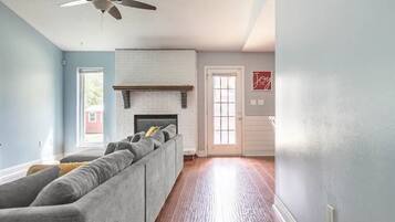 Smart TV, fireplace, books