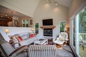 Smart TV, fireplace, books