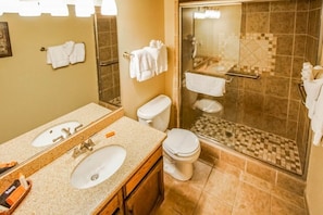 Hair dryer, bidet, towels, soap